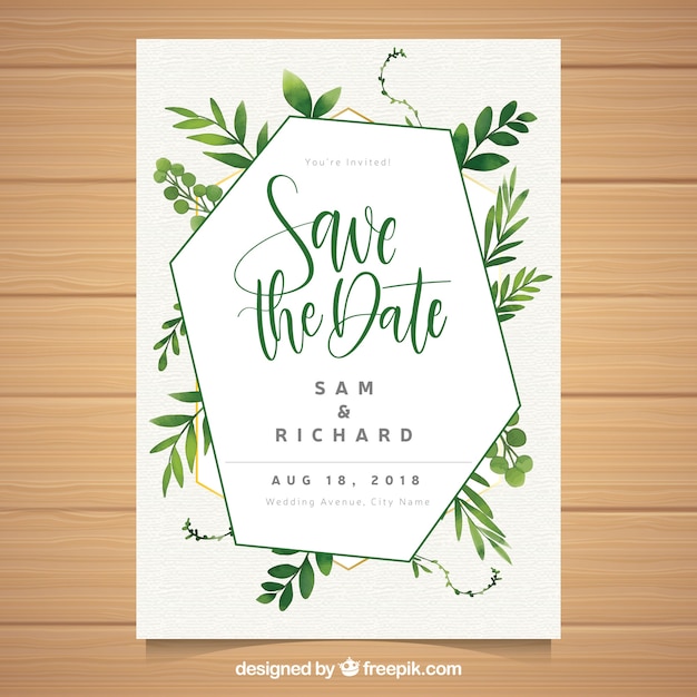 Wedding card template with watercolor leaves