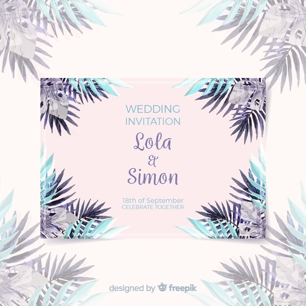 Wedding card template with watercolor tropical leaves