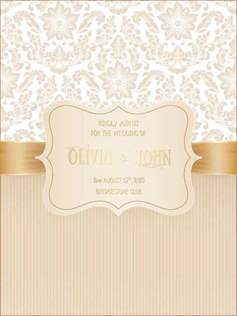 wedding card with damask and elegant floral elements.