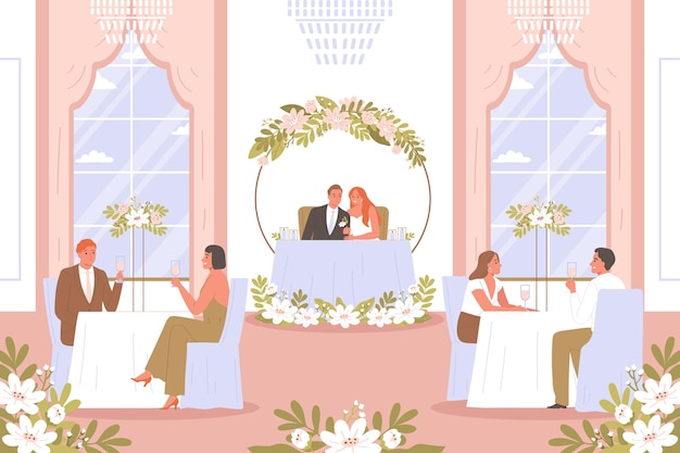 Free Vector wedding ceremony composition with indoor view of hall with guests having drinks at table with newlyweds vector illustration