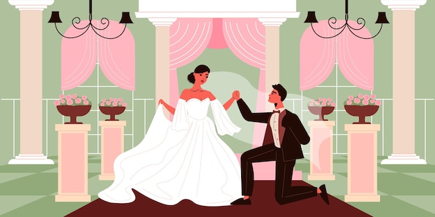 Wedding couple composition with indoor hall interior and characters of bride and groom in smart costumes illustration