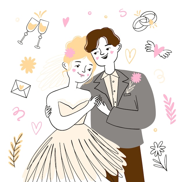 Free Vector wedding couple newlyweds with groom and bride