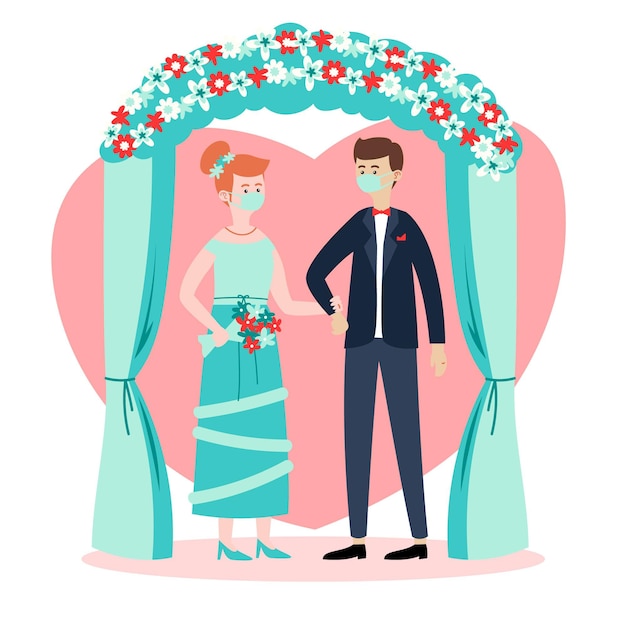 Free Vector wedding couple wearing face masks