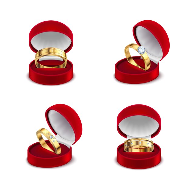 Wedding engagement gold rings in opened red jewelry box case 4 realistic sets white background  illustration