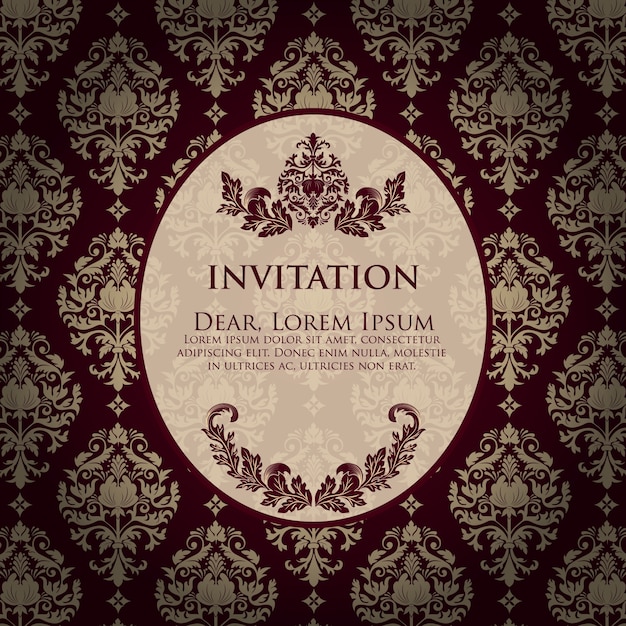 Free vector wedding invitation and announcement card with vintage background artwork. elegant ornate damask background. elegant floral abstract ornament. design template.