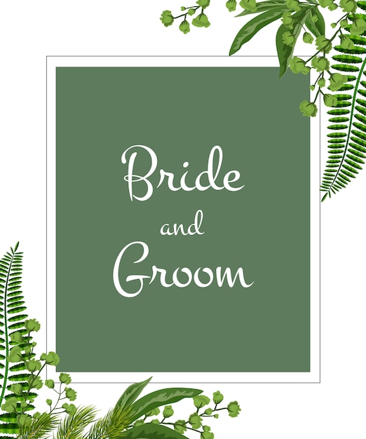 Wedding invitation. Bride and groom lettering in frame with greenery on white background.