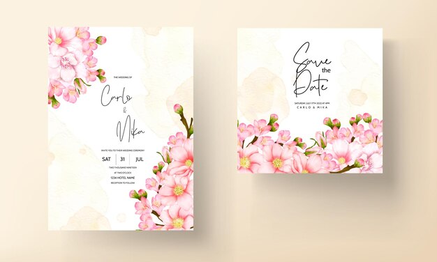 wedding invitation card set with beautiful pink flower