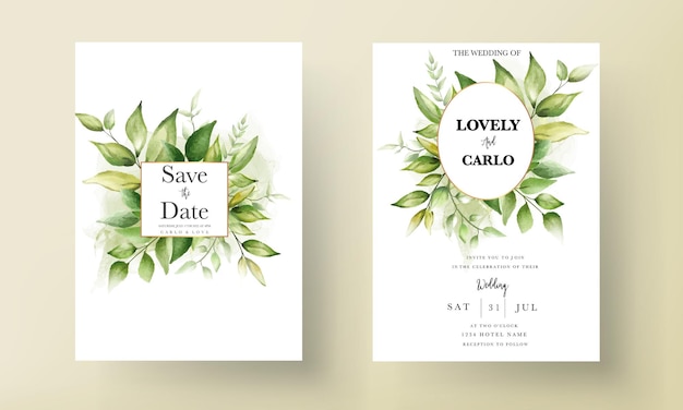 Wedding invitation Card template with beautiful greenery leaves in alcohol ink background