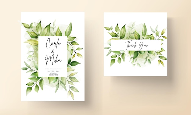 Wedding invitation Card template with beautiful greenery leaves in alcohol ink background