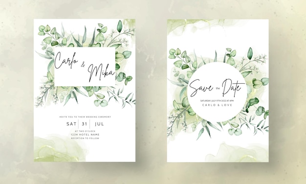 Free Vector wedding invitation card template with eucalyptus leaves watercolor