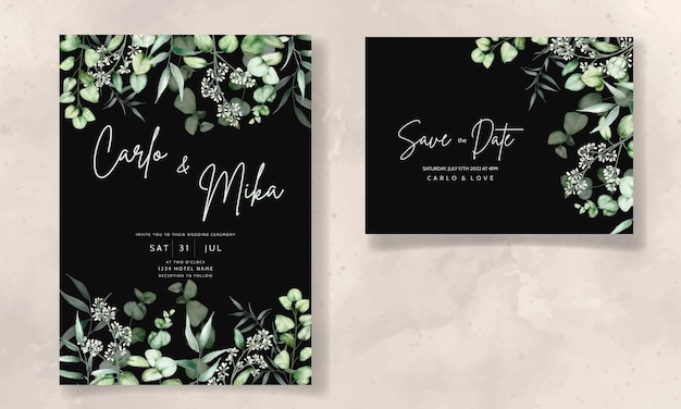 wedding invitation card template with eucalyptus leaves watercolor