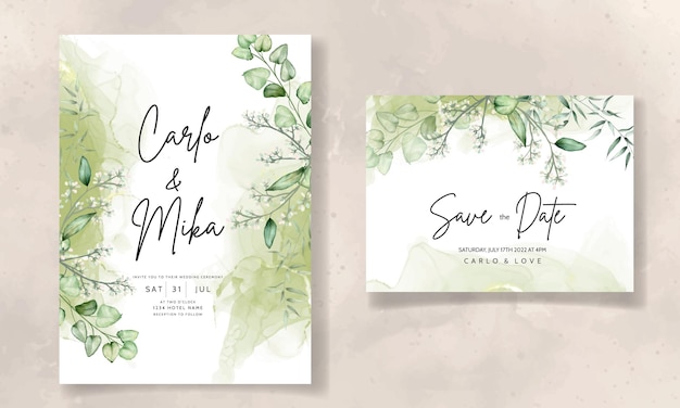 Free Vector wedding invitation card template with eucalyptus leaves watercolor