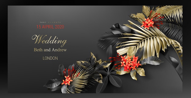 Wedding invitation card template with tropical black and gold leaves