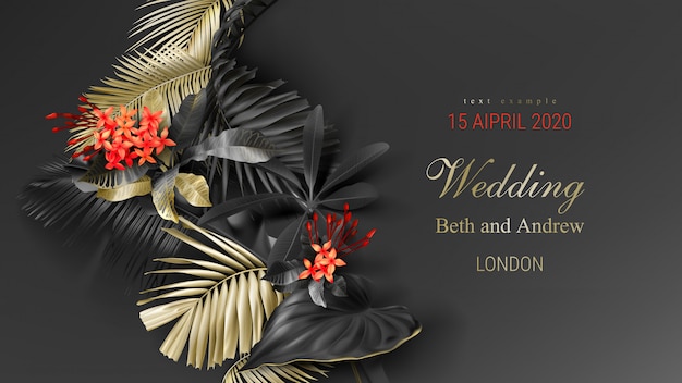 Wedding invitation card template with tropical black and gold leaves