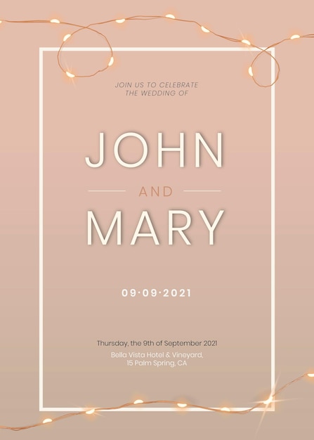 Free vector wedding invitation card vector editable template with beautiful wired lights