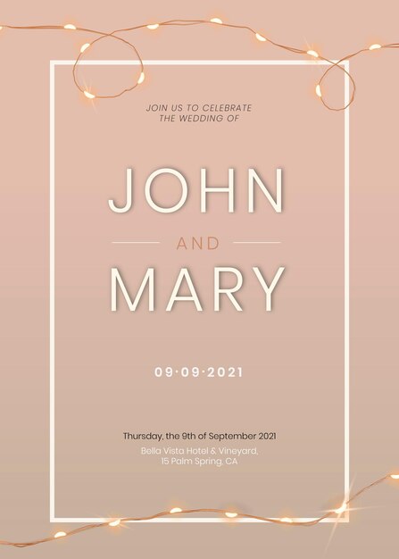 Wedding invitation card vector editable template with beautiful wired lights