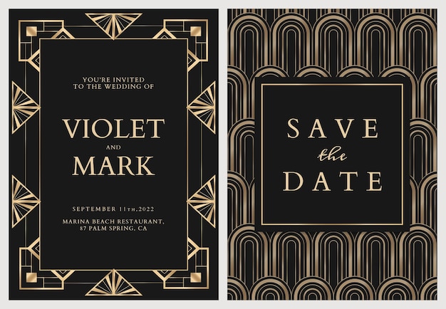 Wedding invitation card vector template with geometric art deco style on dark background