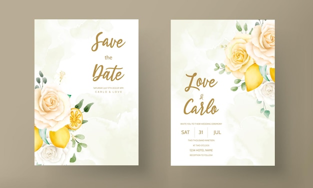 wedding invitation card with beautiful summer roses and lemon wreath frame