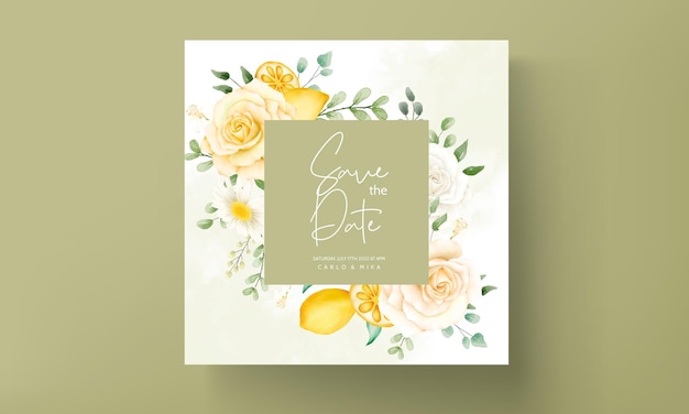 wedding invitation card with beautiful summer roses and lemon wreath frame