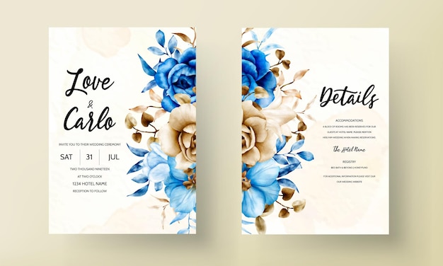 wedding invitation card with beautiful watercolor flower and leaves