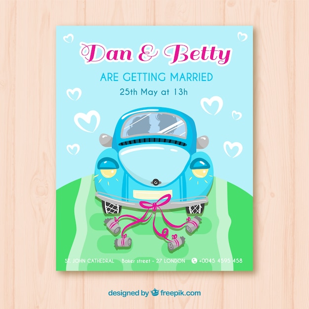 Wedding invitation card with blue car