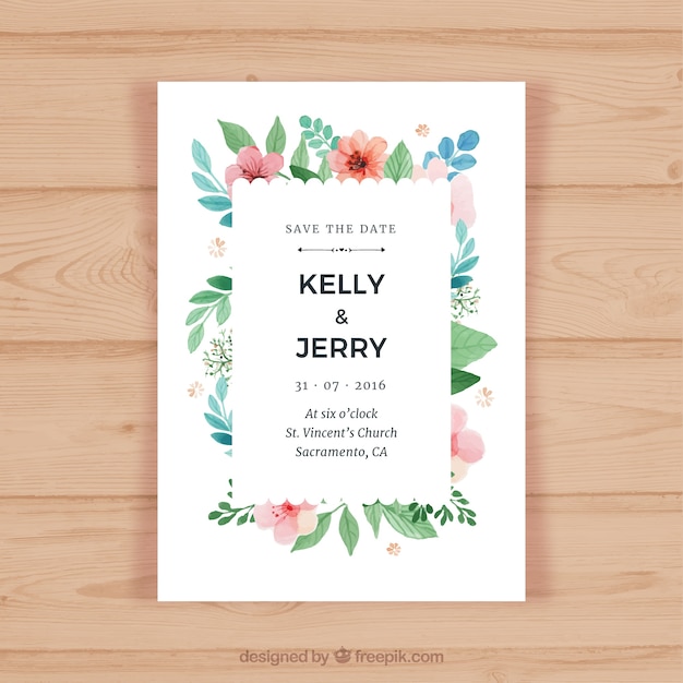 Wedding invitation card with colored flowers