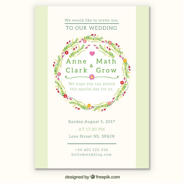 Wedding invitation card with decorative floral wreath