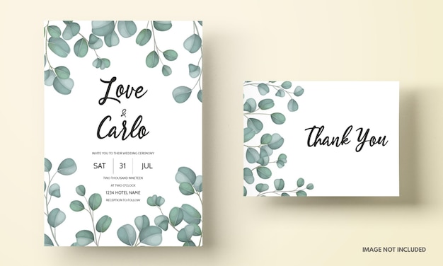 Wedding invitation card with greenery eucalyptus leaves