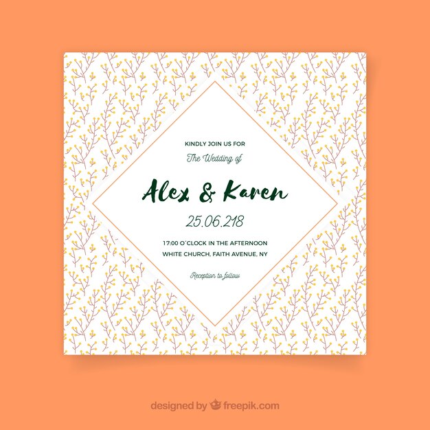 Wedding invitation card with vegetation in hand drawn style