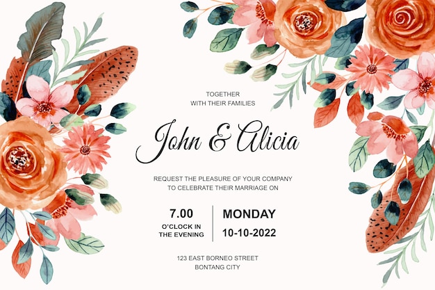 Wedding invitation card with watercolor flower and feather