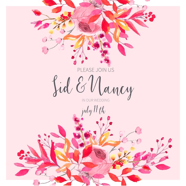 Wedding Invitation Card with Watercolor Flowers