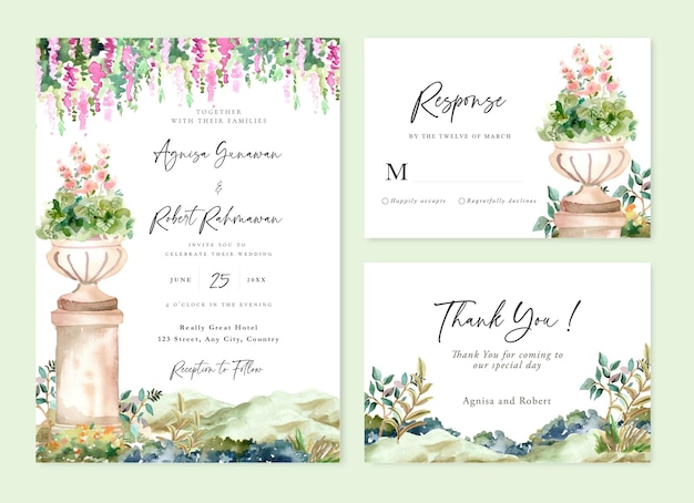 Free Vector wedding invitation card with watercolor with romantic floral urns and willow trees