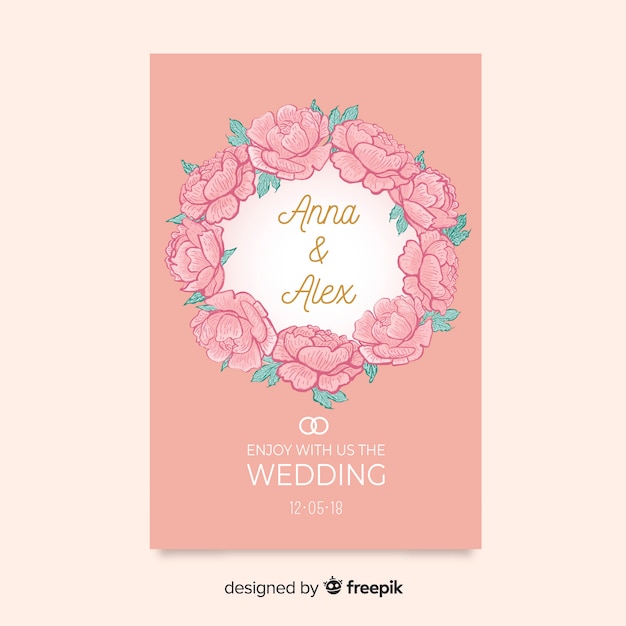 Wedding invitation cover template with beautiful peony flowers