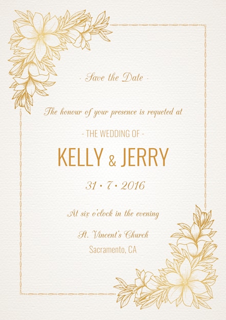 Wedding invitation decorated with golden flowers