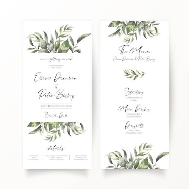 Wedding invitation and menu template in DL format