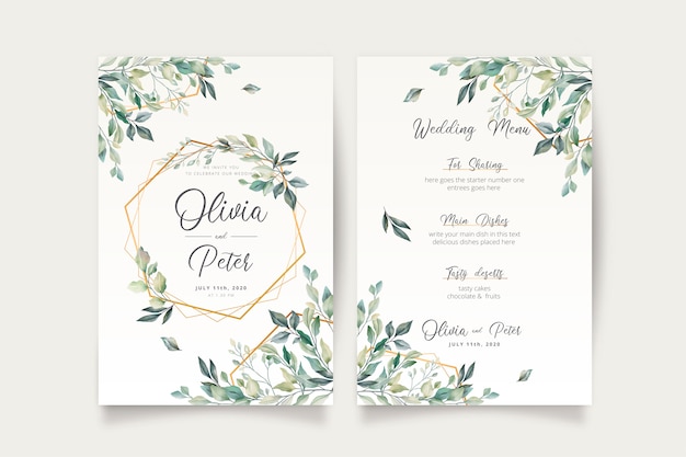 Free Vector wedding invitation and menu template with beautiful leaves