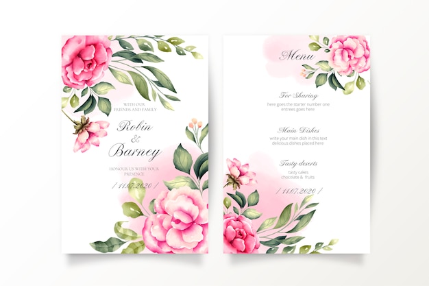 Wedding Invitation and menu template with watercolor flowers