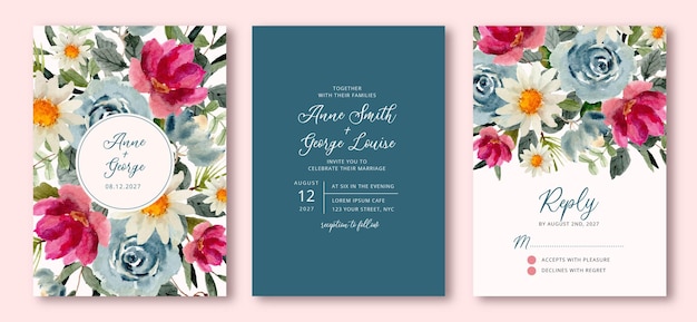 Free vector wedding invitation set with blue pink floral watercolor