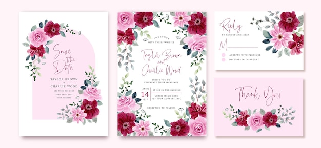 Free Vector wedding invitation set with red pink floral watercolor frame