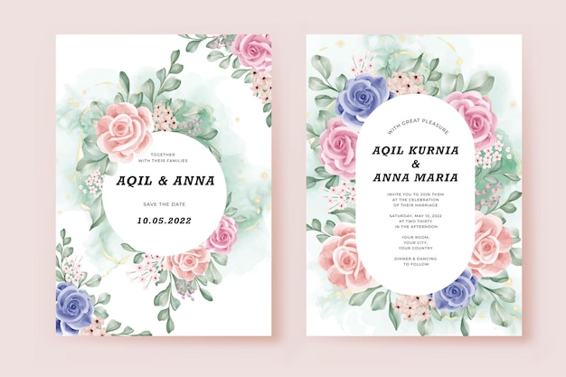 Wedding Invitation Template Cards Set with pink and blue Flowers