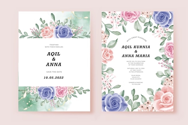 Wedding Invitation Template Cards Set with pink and blue Flowers