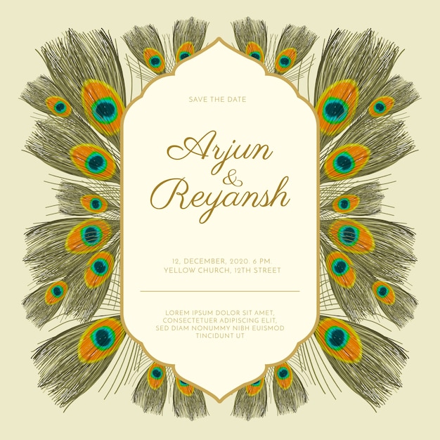 Free Vector wedding invitation template peacock feathers style