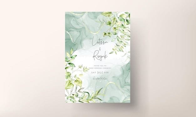 Wedding invitation template with beautiful watercolor leaves