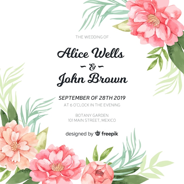 Wedding invitation template with beautiful watercolor peony flowers