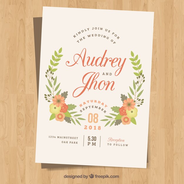 Wedding invitation template with colored flowers in flat design