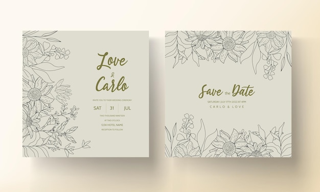 Wedding invitation template with elegant hand drawn floral monoline