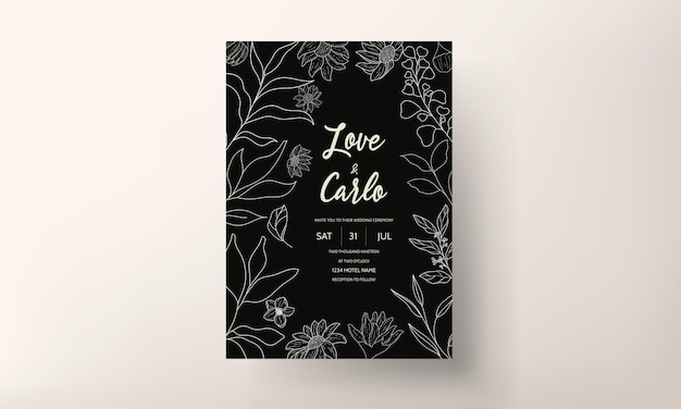 Wedding invitation template with elegant hand drawn floral monoline