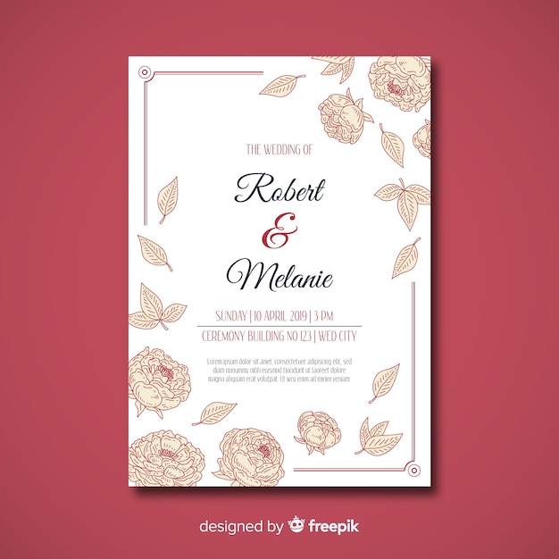 Wedding invitation template with elegant peony flowers