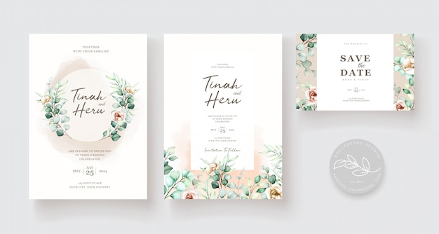 Wedding invitation template with eucalyptus leaves set