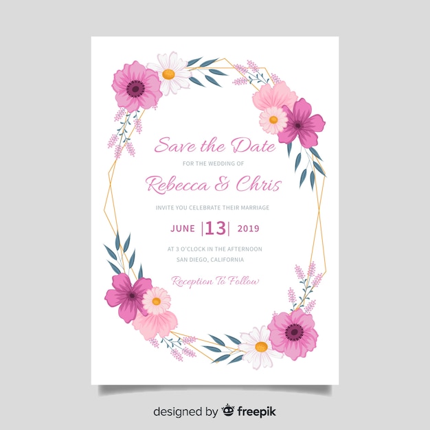 Wedding invitation template with floral elements